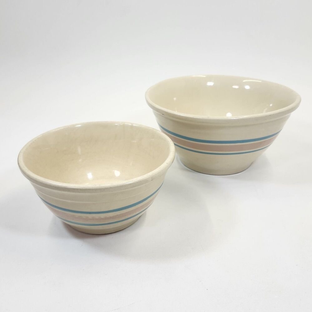 McCoy Oven Ware Pink Blue Nesting Mixing Bowls Set 8 & 10 Vintage Stoneware USA